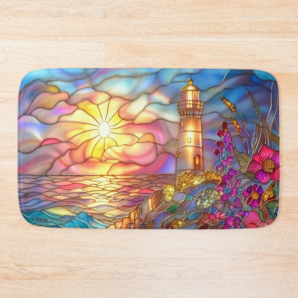 Item preview, Lighthouse Stained Glass Sunset Art, Coastal Ocean Scene designed and sold by MargaretWiktor.