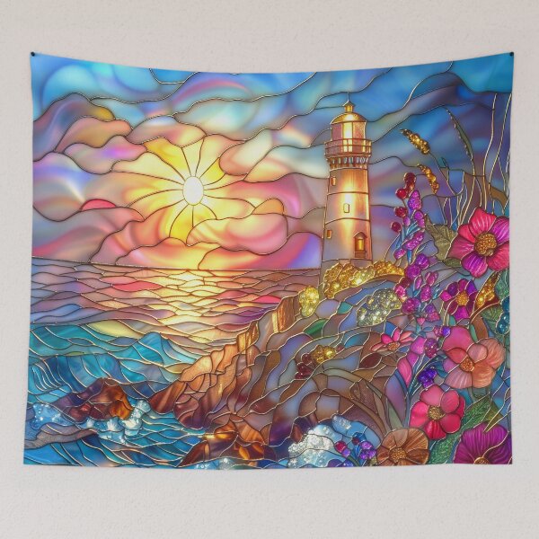 Item preview, Lighthouse Stained Glass Sunset Art, Coastal Ocean Scene designed and sold by MargaretWiktor.