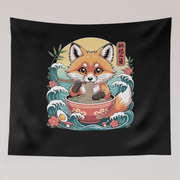 Item preview, Cute Fox Eating Ramen Bowl Japanese Waves designed and sold by ShirTomDesigns.