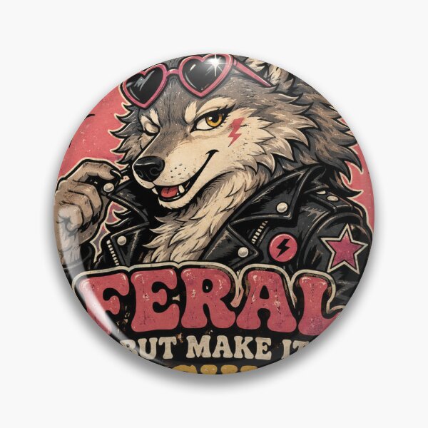 Item preview, Feral But Make It Fashion Wolf Funny Vintage Badge Sticker designed and sold by RedRubyBubble.