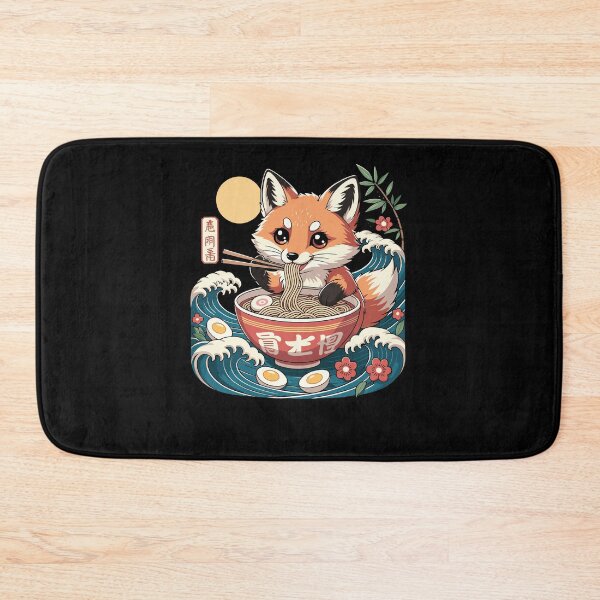 Item preview, Cute Fox Eating Ramen Bowl Kawaii Kanji Waves designed and sold by ShirTomDesigns.