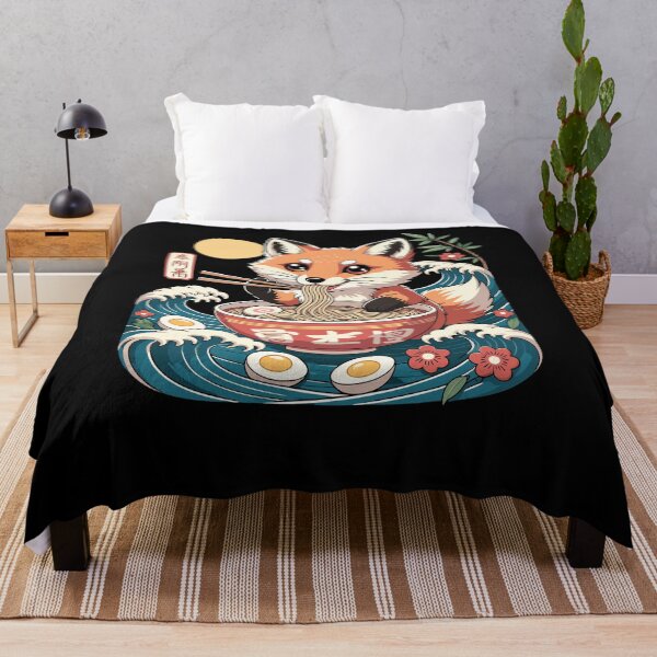 Item preview, Cute Fox Eating Ramen Bowl Kawaii Kanji Waves designed and sold by ShirTomDesigns.