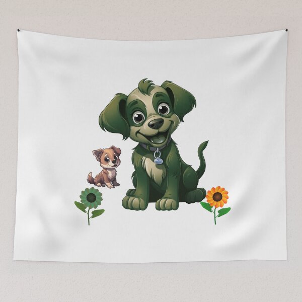 Item preview, Cute Green Dog and Puppy with Sunflowers Cartoon designed and sold by EHdesignShop.