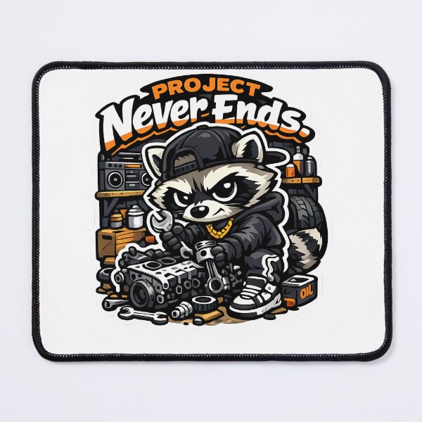 Item preview, Project Never Ends Raccoon – Garage Car Build Cartoon Mascot Sticker designed and sold by Aesthicer.