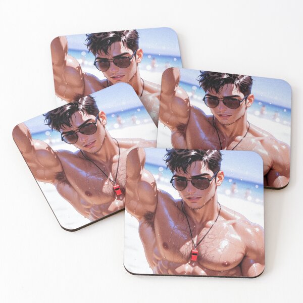 Item preview, Wet Muscular Lifeguard Beach Portrait Red Trunks Art designed and sold by ZhivanCrimson.