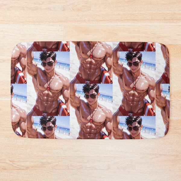 Item preview, Wet Muscular Lifeguard Beach Portrait Red Trunks Art designed and sold by ZhivanCrimson.