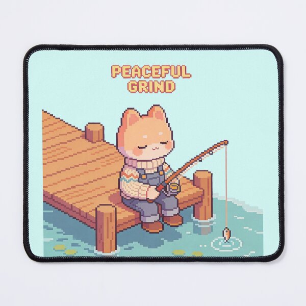 Item preview, Peaceful Grind Cute Shiba Inu Cat Fishing Pixel Art (Kawaii Cozy) designed and sold by PotionPixelArt.