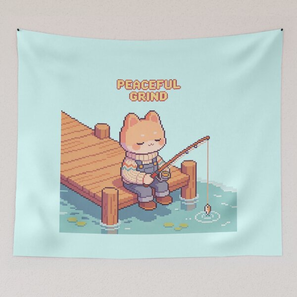 Item preview, Peaceful Grind Cute Shiba Inu Cat Fishing Pixel Art (Kawaii Cozy) designed and sold by PotionPixelArt.