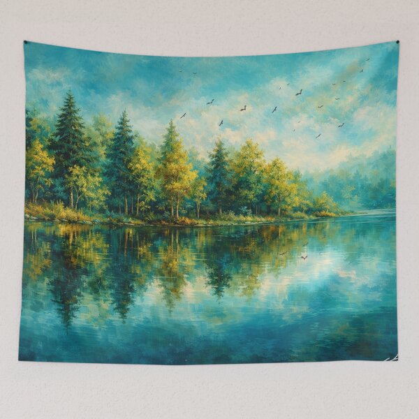 Item preview, Teal Forest Lake Reflection Landscape Print designed and sold by Joey Santiago.