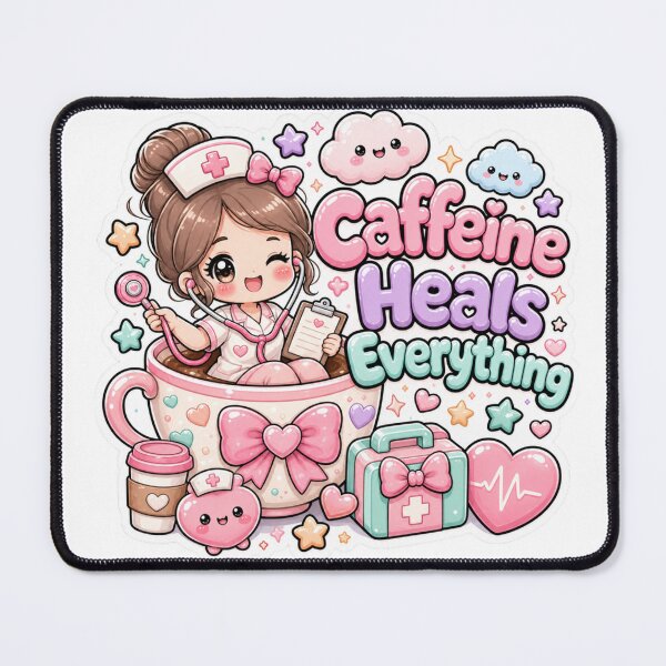 Item preview, Caffeine Heals Everything Cute Kawaii Chibi Nurse Doctor Life designed and sold by TheHappyCatStudio.