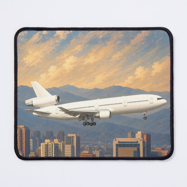 Item preview, Tri-Jet Passenger Airplane Flying Over Modern City Skyline Illustration designed and sold by EMairplanes.
