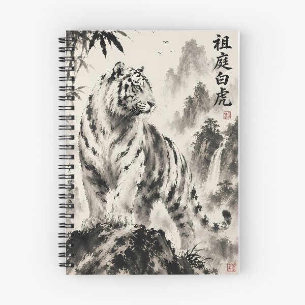 Item preview, Majestic White Tiger in Misty Mountains | Traditional Sumi-e Ink Art designed and sold by ManJiangHong.