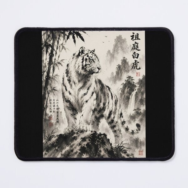 Item preview, Majestic White Tiger in Misty Mountains | Traditional Sumi-e Ink Art designed and sold by ManJiangHong.