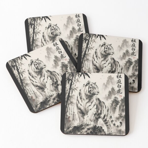 Item preview, Majestic White Tiger in Misty Mountains | Traditional Sumi-e Ink Art designed and sold by ManJiangHong.
