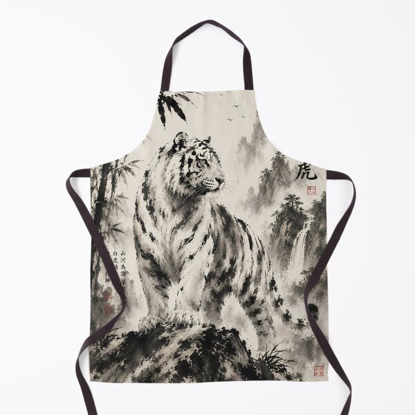 Item preview, Majestic White Tiger in Misty Mountains | Traditional Sumi-e Ink Art designed and sold by ManJiangHong.