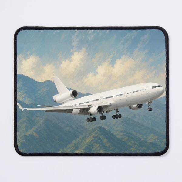 Item preview, Tri-Jet Passenger Airplane Flying Over Mountain Landscape Illustration designed and sold by EMairplanes.