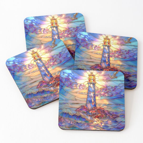 Item preview, Lighthouse Stained Glass Sunset Art, Coastal Ocean Scene designed and sold by MargaretWiktor.