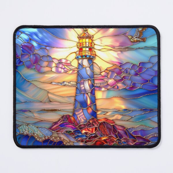 Item preview, Lighthouse Stained Glass Sunset Art, Coastal Ocean Scene designed and sold by MargaretWiktor.