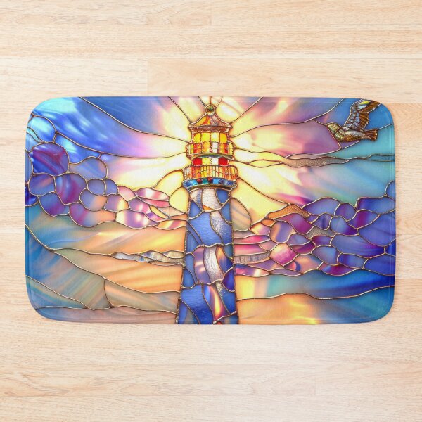 Item preview, Lighthouse Stained Glass Sunset Art, Coastal Ocean Scene designed and sold by MargaretWiktor.