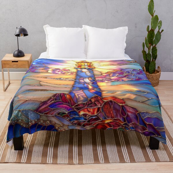 Item preview, Lighthouse Stained Glass Sunset Art, Coastal Ocean Scene designed and sold by MargaretWiktor.
