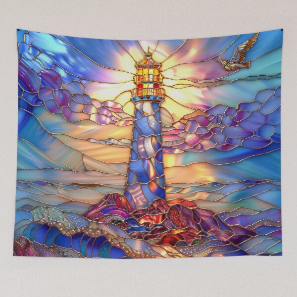 Item preview, Lighthouse Stained Glass Sunset Art, Coastal Ocean Scene designed and sold by MargaretWiktor.