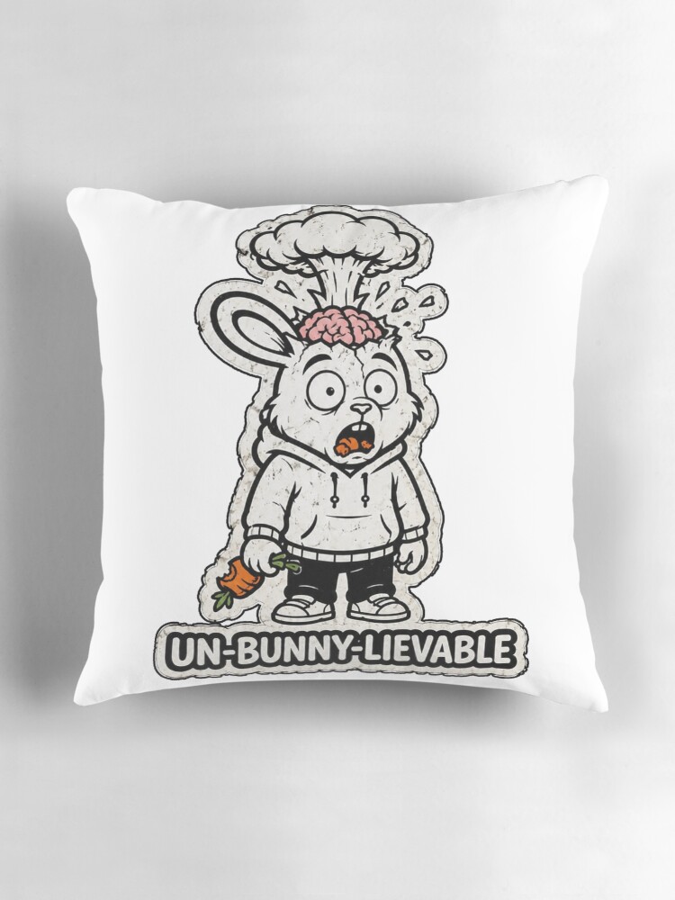 Thumbnail 3 of 4, Pillow, UN-BUNNY-LIEVABLE Exploding Brain Rabbit Sticker designed and sold by bunnymode.