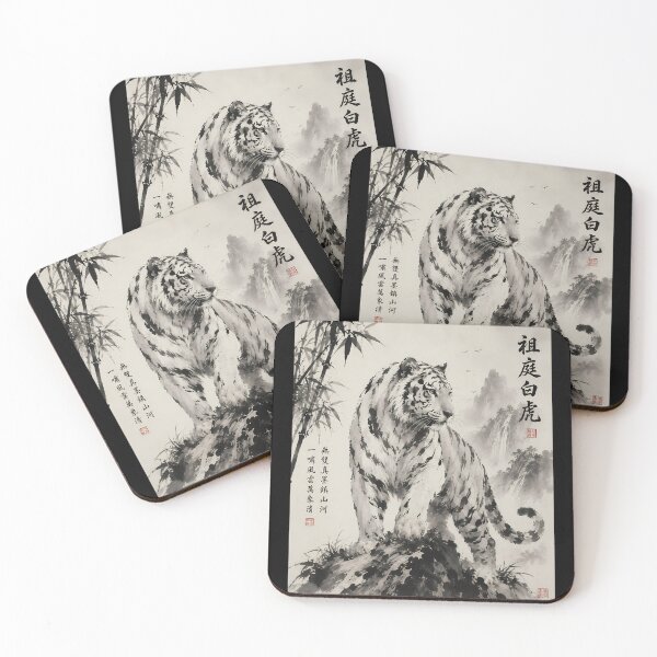 Item preview, Majestic Standing White Tiger | Traditional Sumi-e Ink Painting designed and sold by ManJiangHong.