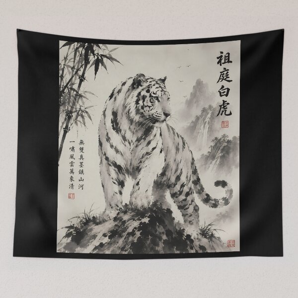 Item preview, Majestic Standing White Tiger | Traditional Sumi-e Ink Painting designed and sold by ManJiangHong.