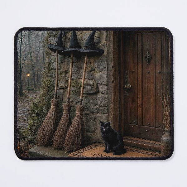 Item preview, Halloween Brooms and Cat by a Front Door designed and sold by Maria Dryfhout.