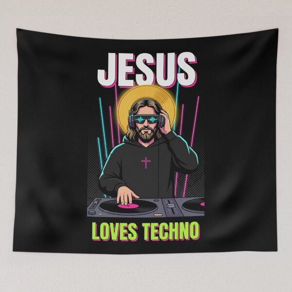 Item preview, Jesus Loves Techno DJ Rave EDM Festival designed and sold by SPAZE-Typo.