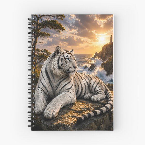 Item preview, Majestic White Tiger by the Ocean Lighthouse | Coastal Wildlife Art designed and sold by ManJiangHong.