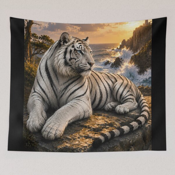Item preview, Majestic White Tiger by the Ocean Lighthouse | Coastal Wildlife Art designed and sold by ManJiangHong.