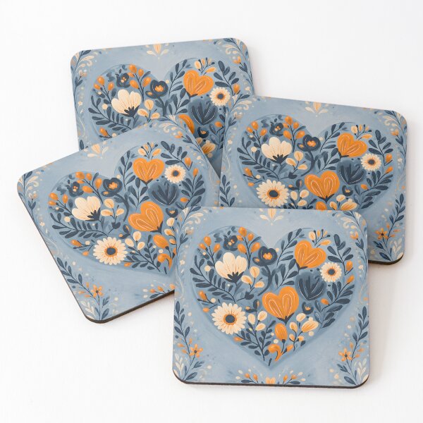 Item preview, Hearts 13 - Folk Art Blue and Orange Floral Heart designed and sold by NikaNavi.