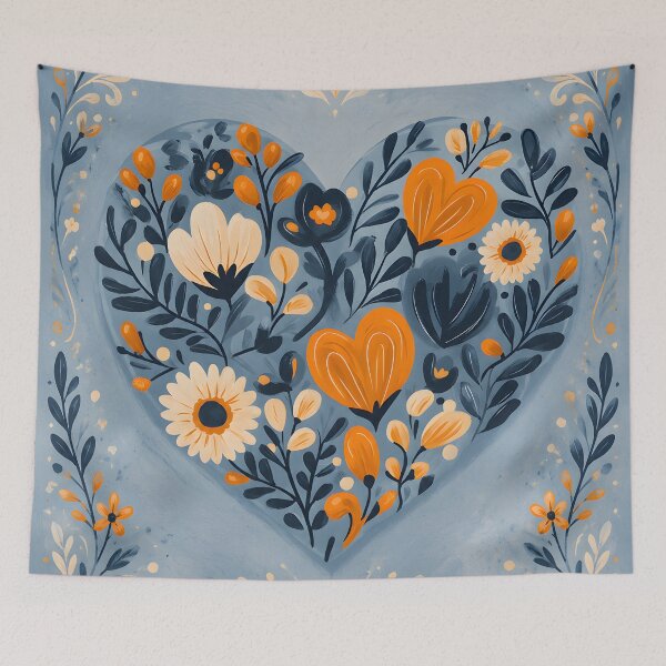 Item preview, Hearts 13 - Folk Art Blue and Orange Floral Heart designed and sold by NikaNavi.