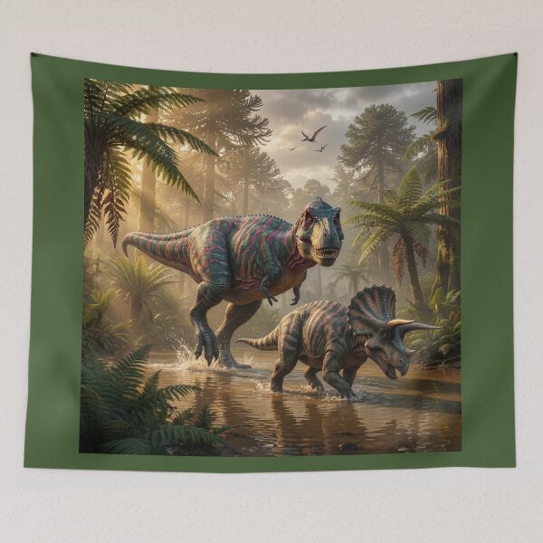 Item preview, Allosaurus Chases Triceratops Through Primordial Swamp designed and sold by Tridentulus.