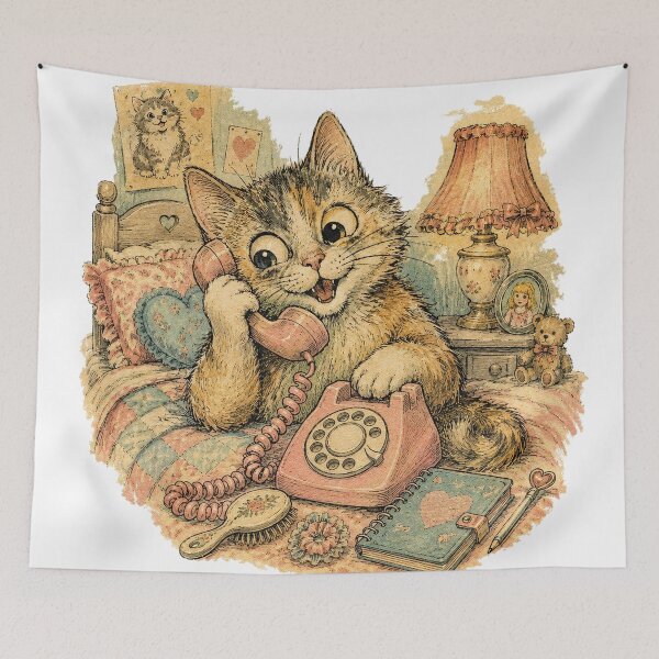 Item preview, Retro Phone Kitten 80s Vintage Bedroom Cat designed and sold by VHSmeow.