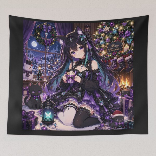 Item preview, Gothic Anime Christmas Girl with Cat – Purple Kawaii Holiday Design designed and sold by Revyra Design .