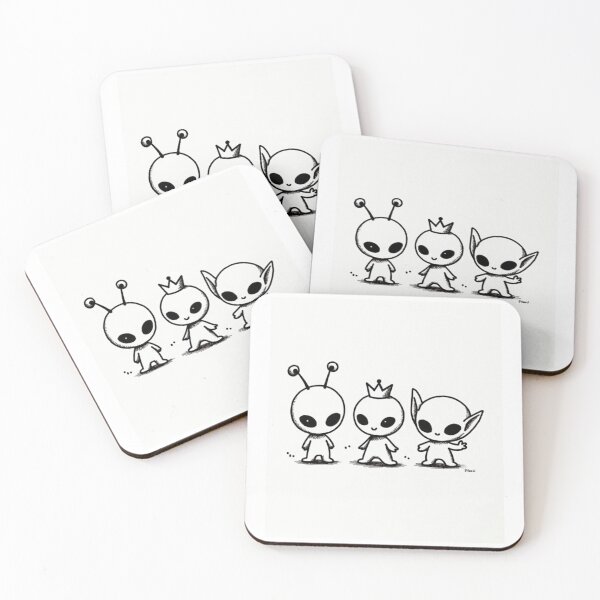 Item preview, Cute Chibi Alien Trio Illustration - Kawaii Black and White Line Art designed and sold by GrimNest.