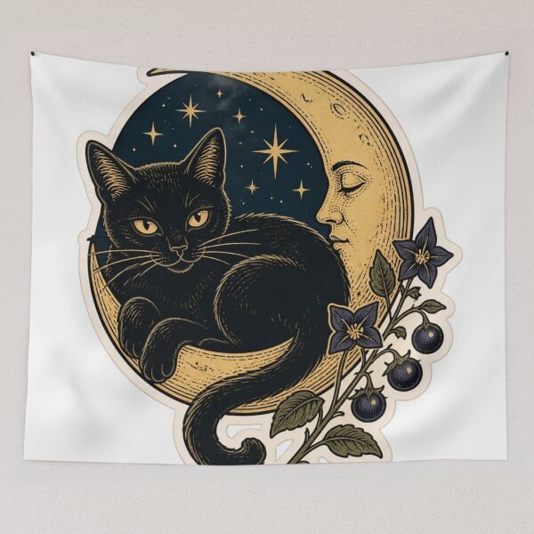 Item preview, Black Cat Familiar Crescent Moon Vintage Halloween designed and sold by StickyGuys.