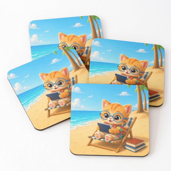 Item preview, Cute Kitten Reading on Tropical Beach designed and sold by dreamybyana.