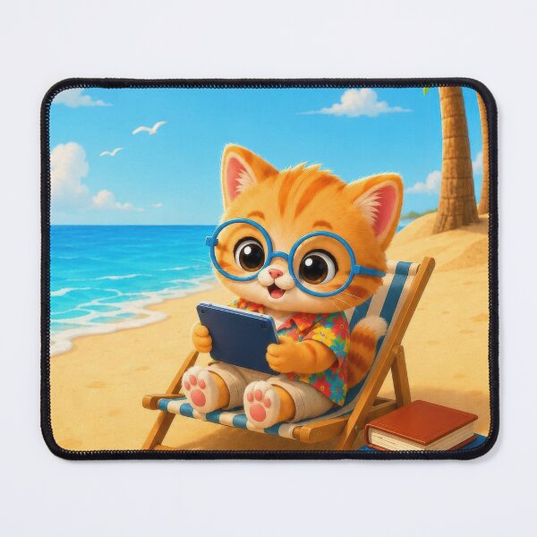 Item preview, Cute Kitten Reading on Tropical Beach designed and sold by dreamybyana.