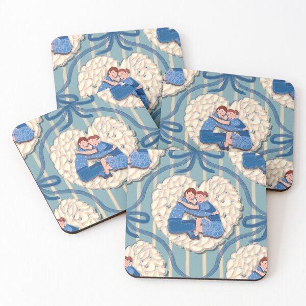 Item preview, Mid-century pattern of a couple embracing on a white rice cake, with blue watercolor details designed and sold by WONDERPRINTVALLEY.