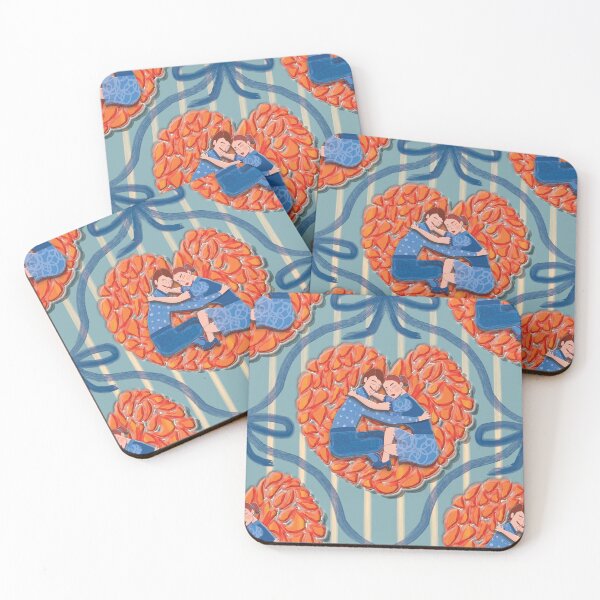 Item preview, Mid-century pattern of a couple embracing on an orange rice cake, with blue watercolor details designed and sold by WONDERPRINTVALLEY.