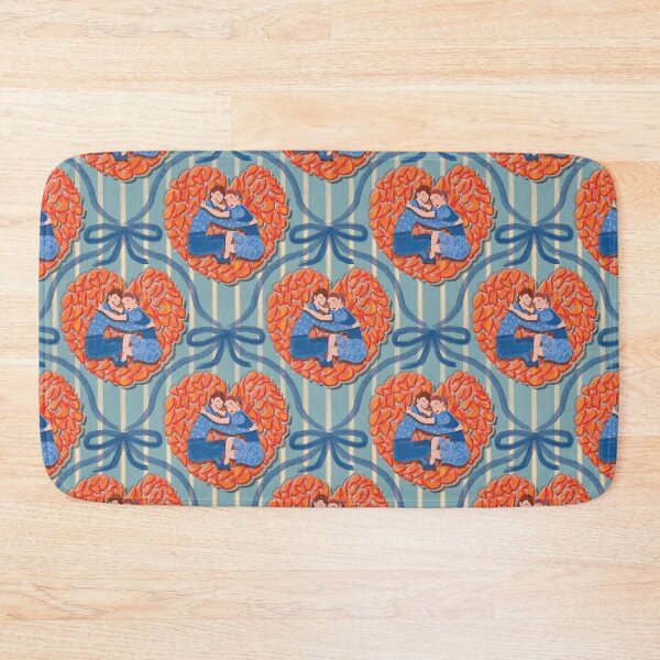 Item preview, Mid-century pattern of a couple embracing on an orange rice cake, with blue watercolor details designed and sold by WONDERPRINTVALLEY.