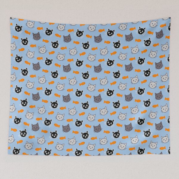 Item preview, Kawaii Cat Faces Goldfish Toss Seamless Pattern Blue Cat Lover designed and sold by CI Creative Design LLC.