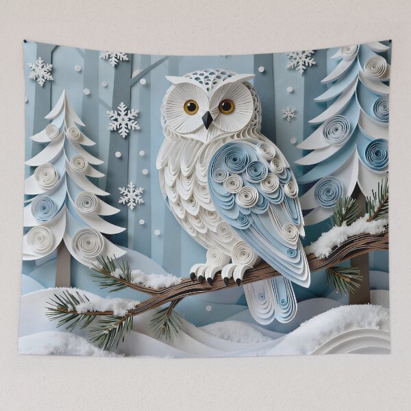 Item preview, Paper Quilled Snowy Owl in Snowy Forest Landscape Print designed and sold by Vicky Brago-Mitchell®.