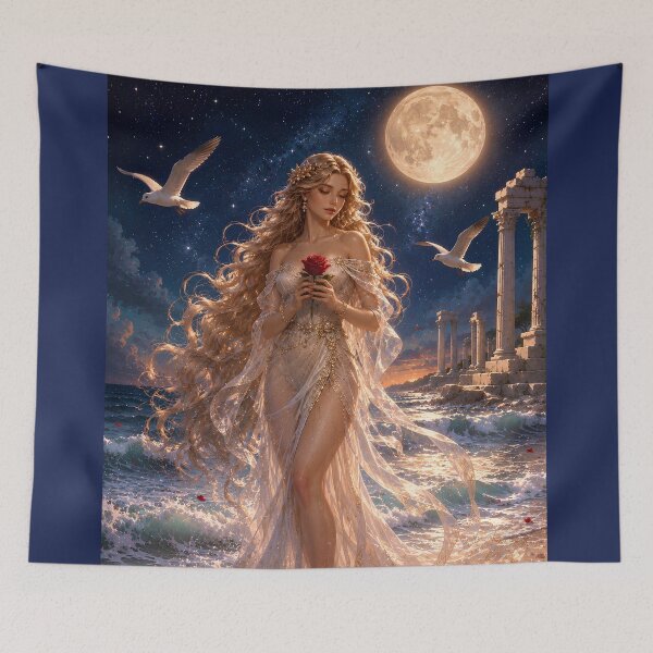 Item preview, Sea Nymph Nereid on Ocean Coast with Seagulls Fantasy Watercolor Art designed and sold by MaryFiremoonArt.