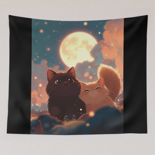 Item preview, Moonlit Kittens | Cute Cat Couple Under the Full Moon designed and sold by Jesus-istheway.