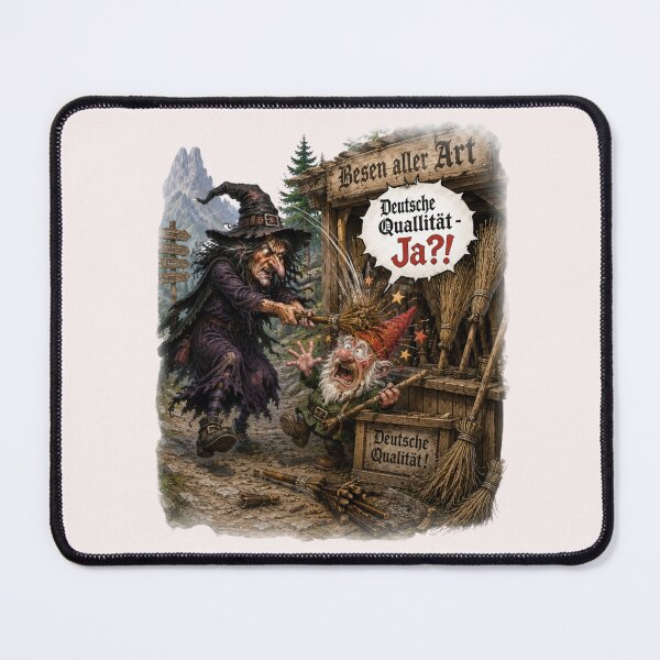 Item preview, Deutsche Qualität?! Angry Witch vs Gnome Broom Seller Funny German Humor designed and sold by Alpine-Ink.