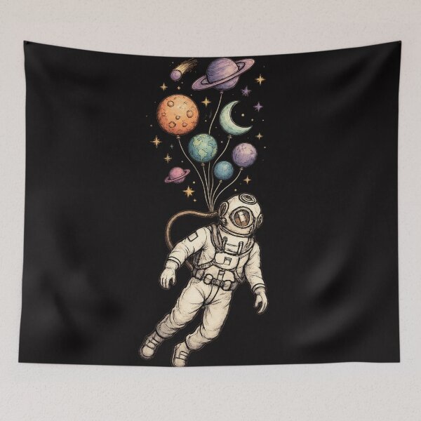 Item preview, Vintage Astronaut Floating with Planet Balloons Cosmic Space Art designed and sold by Andreza NativeHue Oficial.